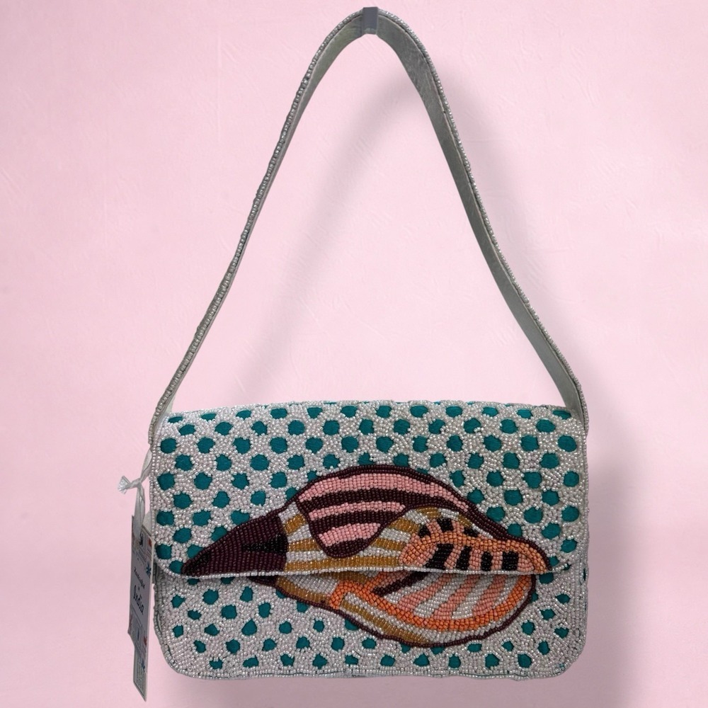 Handcrafted In India Shell Beaded Shoulder Bag Teal White Tommy Fiona Viral NEW